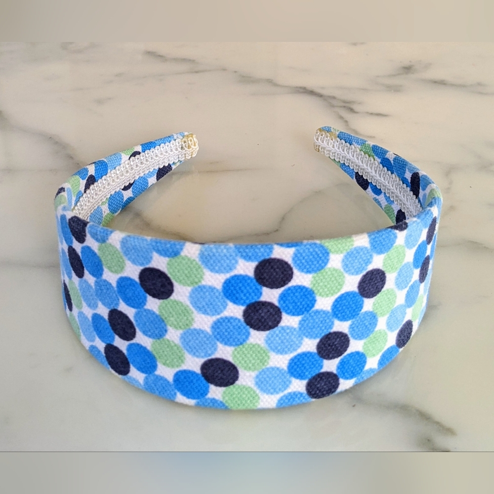 Polka Dot Kids Fabric Headband - Blue, Green, and Black.
